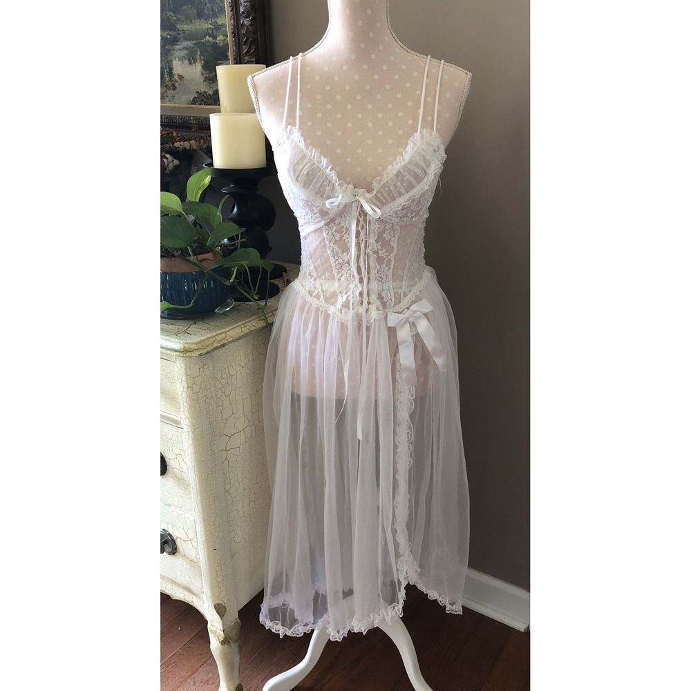 Vtg Fredericks of Hollywood Bridal Nightgown White Lace Sheer Corset Gown USA M